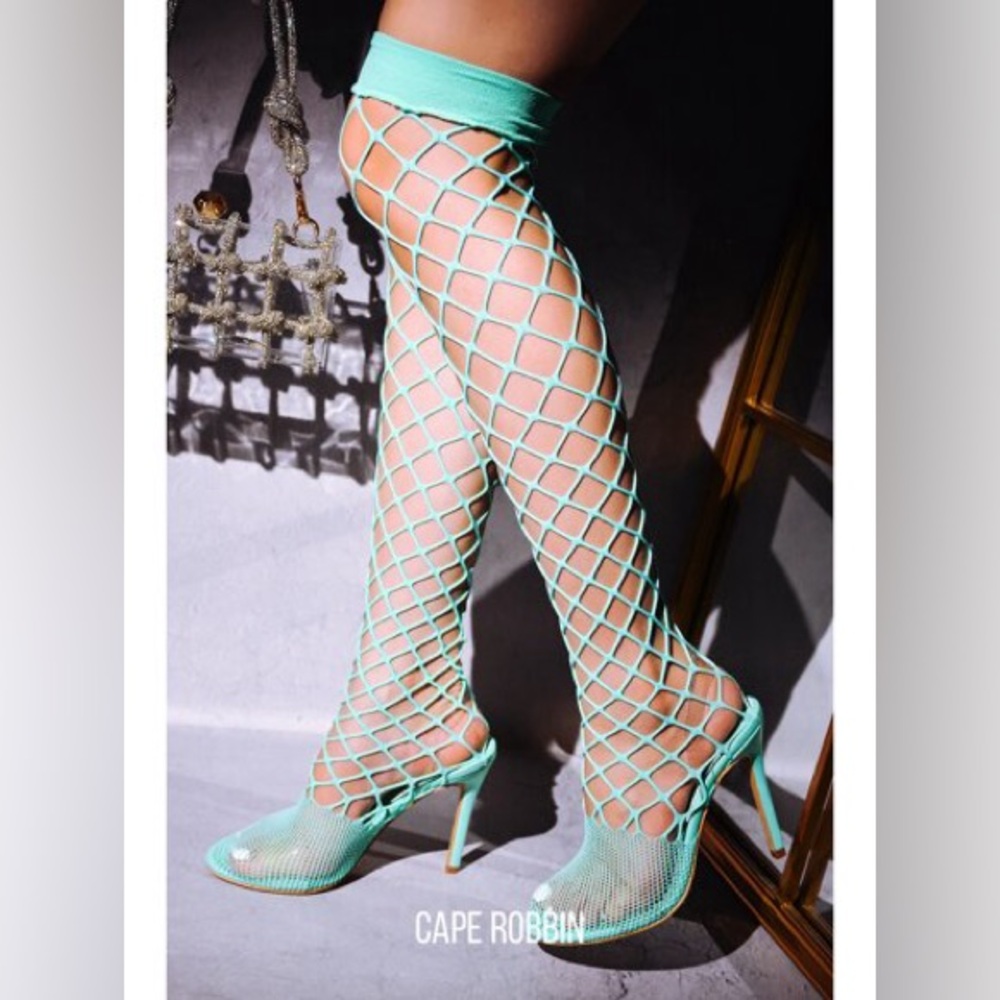 Cape Robbin Sea Green/Teal Fishnet Sock Heels with Plastic Secure Straps❣️❣️BNIB